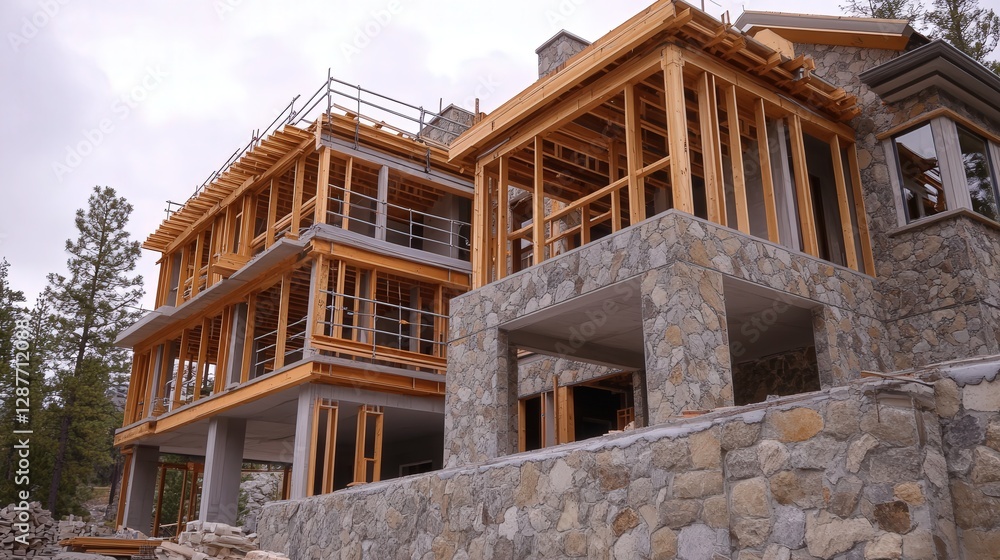 construction site for a new luxury villa, with stone and wood framing visible. construction site for a new luxury villa, with stone and wood framing visible.