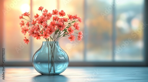 Coral flowers in a blue glass vase on a windowsill at sunset.