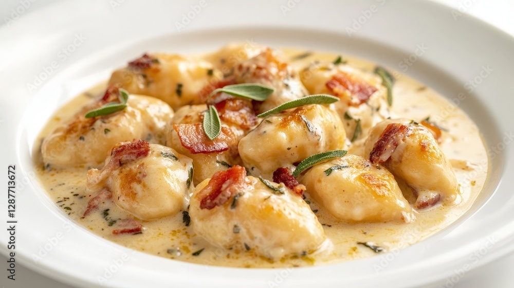 Creamy Potato Dumplings with Bacon and Herbs in White Sauce Creamy Potato Dumplings with Bacon and Herbs in White Sauce
