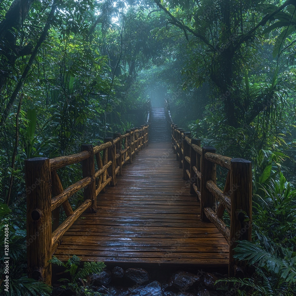 Fototapeta premium Wooden bridge path into tropical forest. Lush vegetation, foggy background. Use tourism