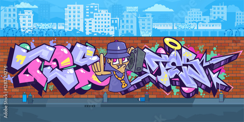 Modern Outdoor Urban Graffiti Wall With Street Art Drawings Against The Background Of The Cityscape
