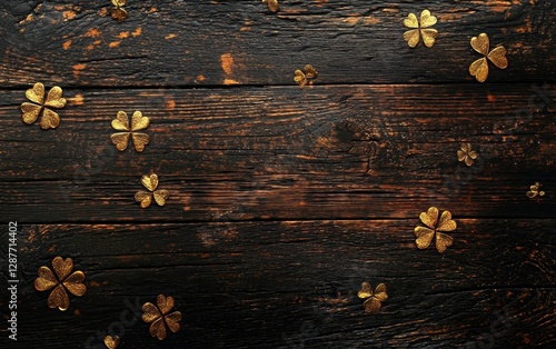 Rustic wooden surface with golden clover imprints glowing softly for Saint Patricks Day