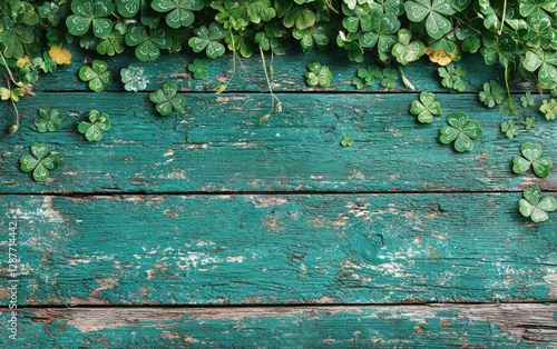 Rustic wooden texture with faded green paint and shamrocks for Saint Patricks Day