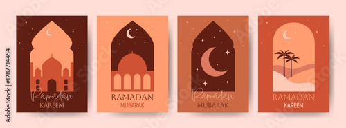 Islamic window, arch with different view in boho style card set . Poster in oriental style with modern design. Collection cards with frames with arabic muslim landscape for Ramadan Kareem