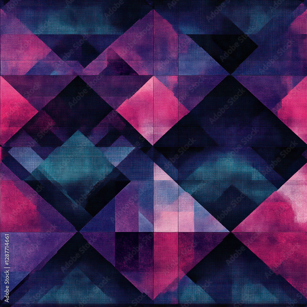 Fototapeta premium Abstract triangular geometric pattern with blended pink, purple, and blue hues on a textured backdrop. Seamless pattern. Repeat pattern