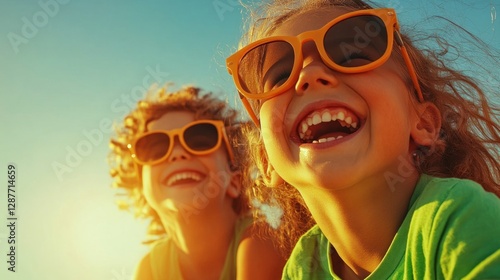 Happy children laughing outdoors wearing sunglasses. photo