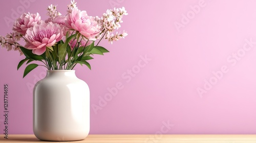 Pink peonies in a white vase on a wooden surface against a pink wall.