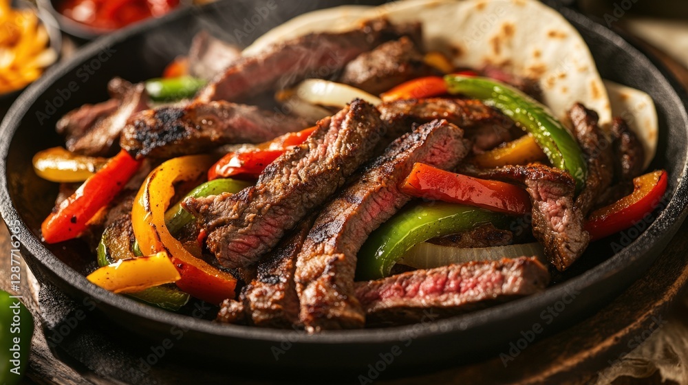 Sizzling Beef Fajitas with Colorful Peppers and Warm Tortillas Sizzling Beef Fajitas with Colorful Peppers and Warm Tortillas
