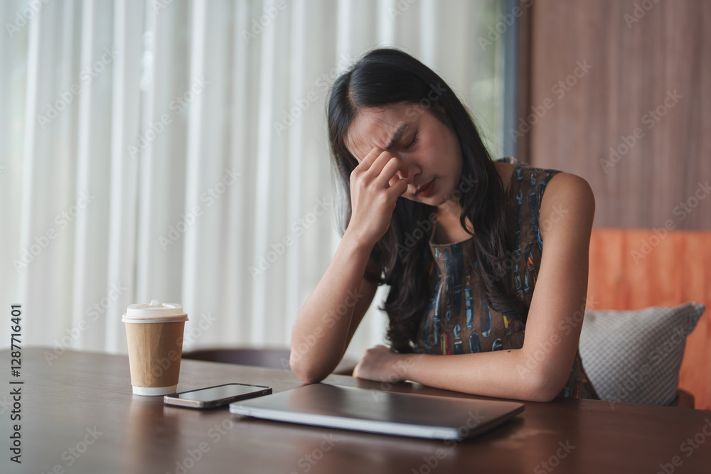 Young asian businesswoman is suffering from headache, feeling tired, exhausted and stressed while working on laptop computer in cafe, massaging temples, feeling unhealthy Young asian businesswoman is suffering from headache, feeling tired, exhausted and stressed while working on laptop computer in cafe, massaging temples, feeling unhealthy