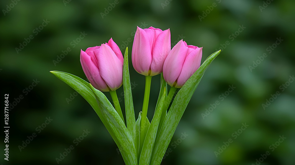 Fototapeta premium Three Pink Tulips with Dewdrops Close-up