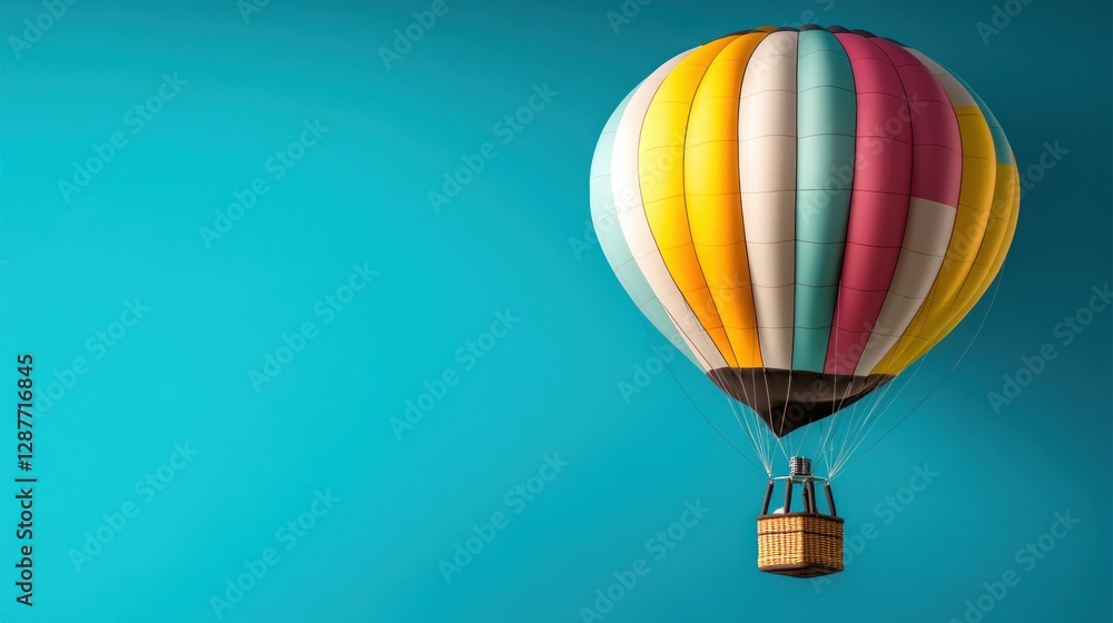 Fototapeta premium Colorful hot air balloon floats against a vibrant blue sky.