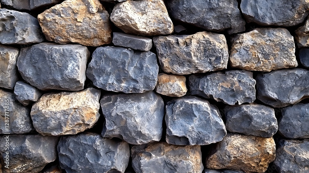 A rustic wall constructed from many rough and heavy stones A rustic wall constructed from many rough and heavy stones