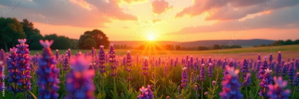 Fototapeta premium A bright sun rises over a field of purple wildflowers, meadow, spring flowers