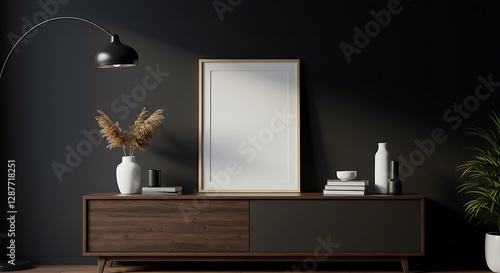 Mockup frame on cabinet in living room interior on empty dark wall background,3D rendering