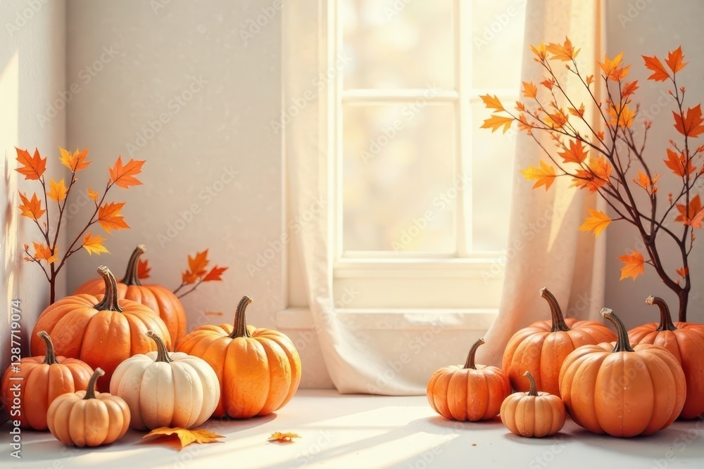 Fototapeta premium Autumnal Still Life with Pumpkins and Maple Branches by a Sunlit Window