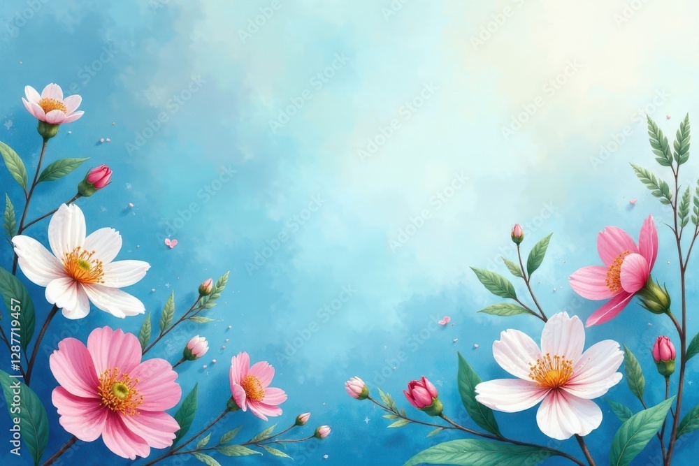 Serene Floral Design Featuring Delicate Pink and White Blossoms on a Light Blue Background Serene Floral Design Featuring Delicate Pink and White Blossoms on a Light Blue Background