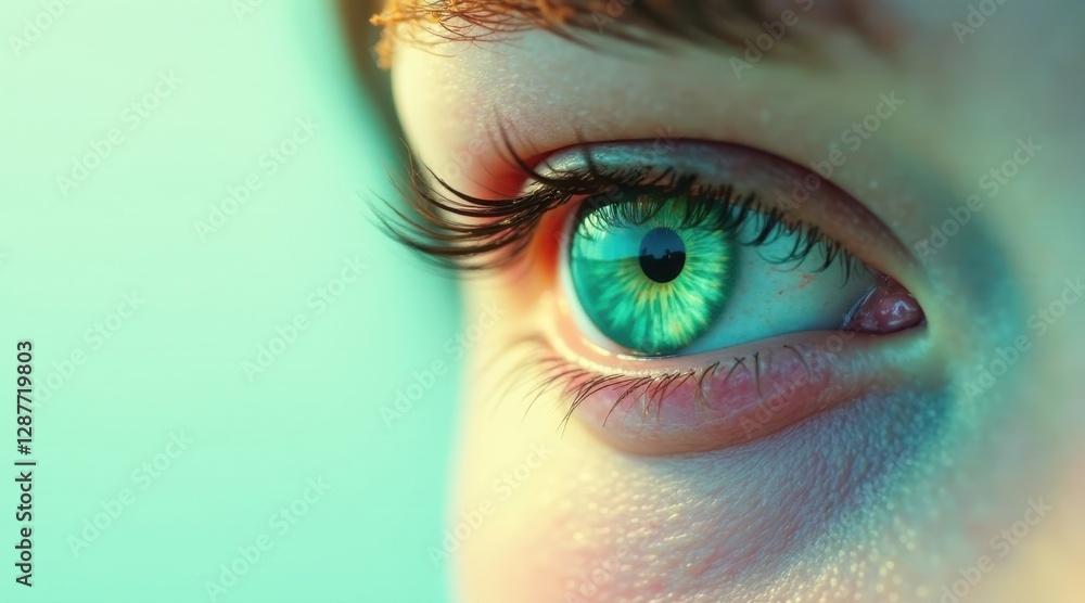 Fototapeta premium Close-up view of a vibrant green eye, showcasing intricate details of the iris, pupil, and eyelashes against a soft, teal background.