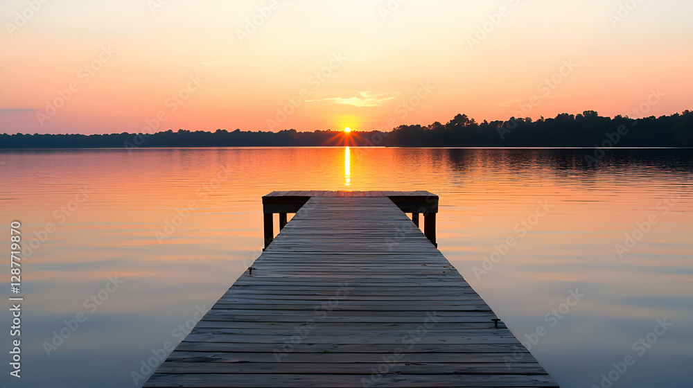 Serene Sunset over Calm Lake with Wooden Dock Serene Sunset over Calm Lake with Wooden Dock