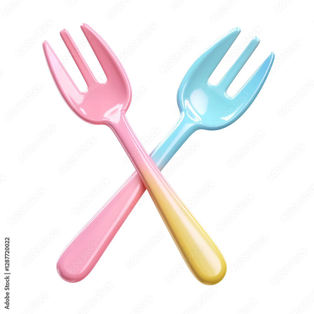 Fototapeta premium A colorful plastic spoon and fork crossing each other, 3D icon style, transparent background