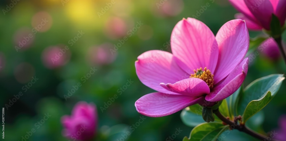 Bright violet magnolia flowers in full bloom with green leaves, petals, garden Bright violet magnolia flowers in full bloom with green leaves, petals, garden