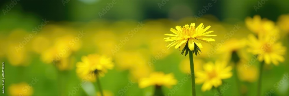 Obraz premium Bright yellow dandelion flowers blooming in a field, blooms, yellow, garden