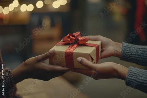 A person is handing over a beautifully wrapped gift box with a red ribbon to another person