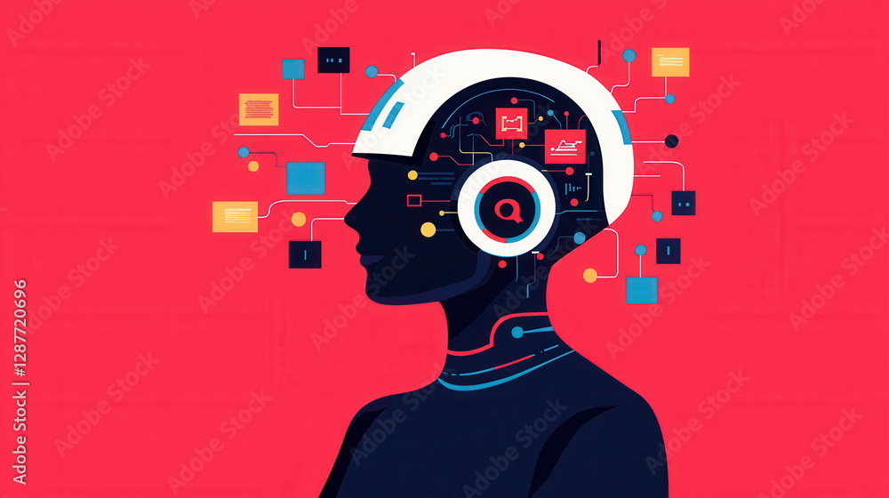 Fototapeta premium Cloud storage Globalization communication network Futuristic illustration of person with digital brain and technology elements