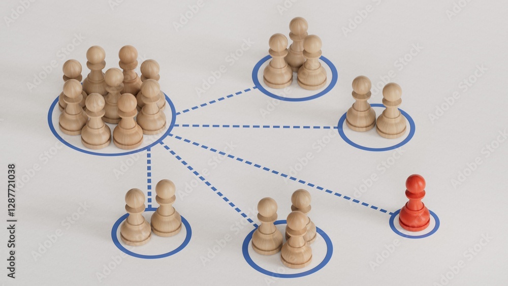 Obraz premium 3D illustration of many pawns segmented in different categories. concept of customer segmentation.Made and rendered in C4D, not AI.