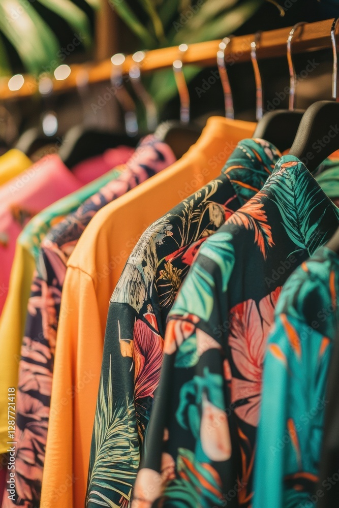 Obraz premium A beautiful arrangement of floral-themed shirts on hangers, capturing the essence of nature and summer vibes.