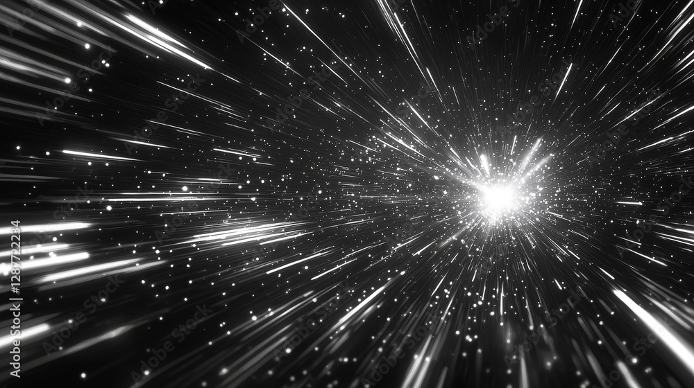 Fototapeta premium Abstract Black and White Light Rays Burst Starry Night Sky Cosmic Speed Galactic Travel Energy