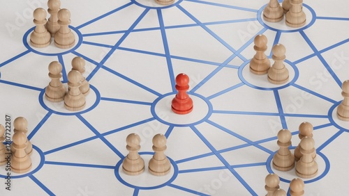 Fotografie 3D illustration of pawns linked together by many reden lines