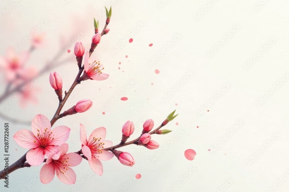 Fototapeta premium Delicate Pink Blossoms on Branch with Falling Petals, a Symbol of Springtime Renewal and Natural Beauty