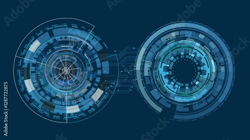 Abstract futuristic blue computer circuit board and circle technology background.