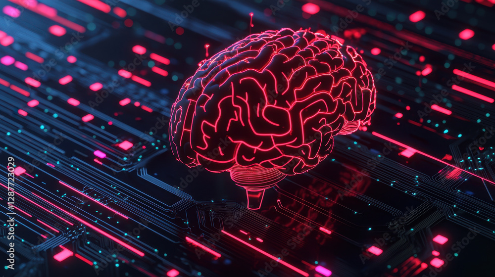 Obraz premium Cloud storage Globalization communication network Digital brain on circuit board with neon lights, representing technology and AI