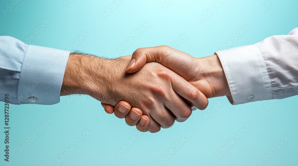 Close-up of two men shaking hands against a light blue background. Close-up of two men shaking hands against a light blue background.