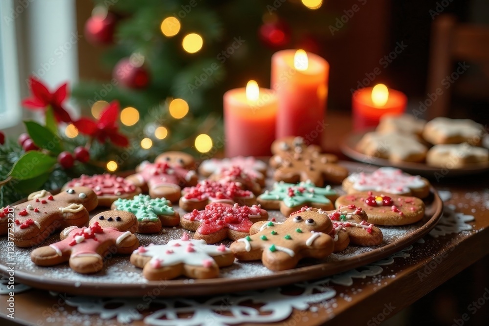 A Festive Array of Decorated Gingerbread Cookies on a Wooden Table with a Blurred Christmas Tree and Candles in the Background A Festive Array of Decorated Gingerbread Cookies on a Wooden Table with a Blurred Christmas Tree and Candles in the Background