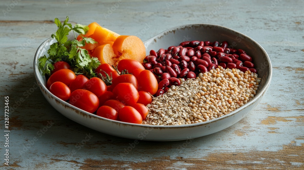 Balanced lifestyle flat lay, heart-shaped platter with nutritious ingredients, exercise equipment layout, bright red tomato, fresh fruits, mixed grains and legumes, pale weathered wood surface, clean Balanced lifestyle flat lay, heart-shaped platter with nutritious ingredients, exercise equipment layout, bright red tomato, fresh fruits, mixed grains and legumes, pale weathered wood surface, clean