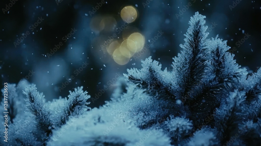 Naklejka premium Frosty pine branches at night, snow falling, bokeh lights.