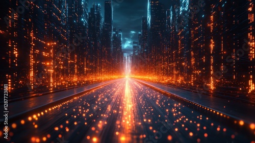 Futuristic city street at night with glowing buildings and a bright road ahead.