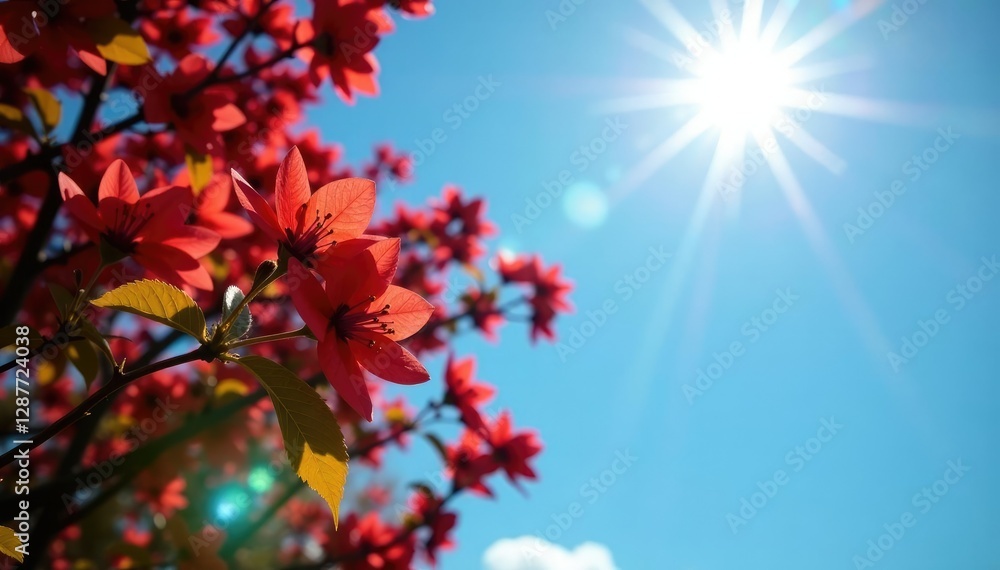 Fototapeta premium Full sun Mandarintree flowers against a bright blue sky, Natural, Forest, Blue sky