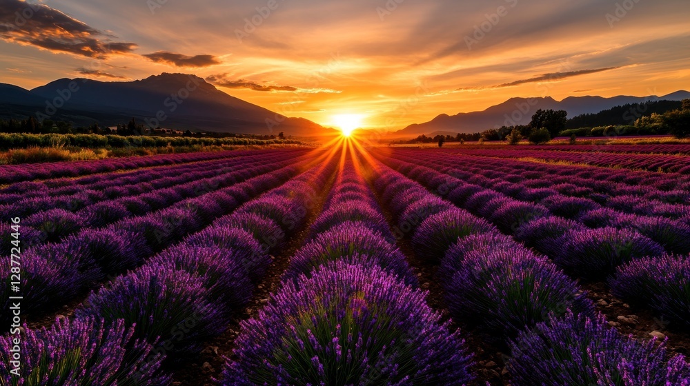 Vibrant sunset over rows of lavender fields in mountainous landscape. Vibrant sunset over rows of lavender fields in mountainous landscape.