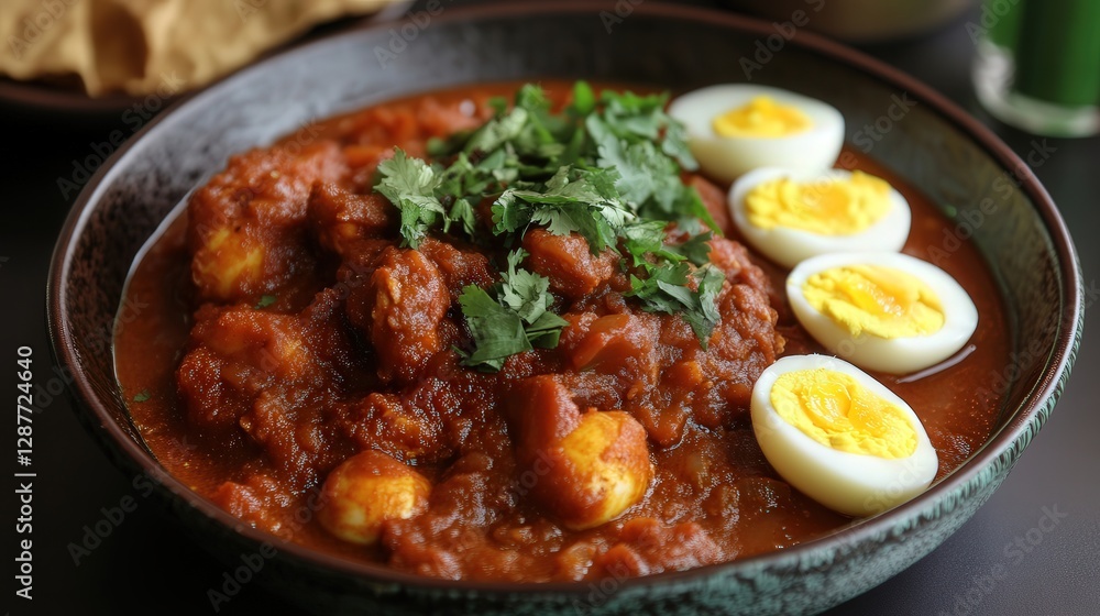 Ethiopian doro wat, a spicy chicken stew served with injera and boiled eggs. Ethiopian doro wat, a spicy chicken stew served with injera and boiled eggs.