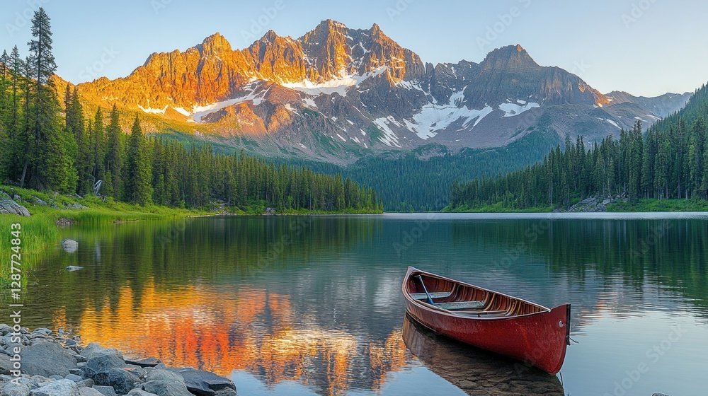 Obraz premium Serene sunrise over mountain lake with canoe.