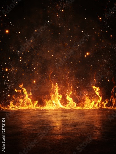 Dramatic scene of blazing fire flames illuminating a dark stage with sparkling embers and a sense of power and energy