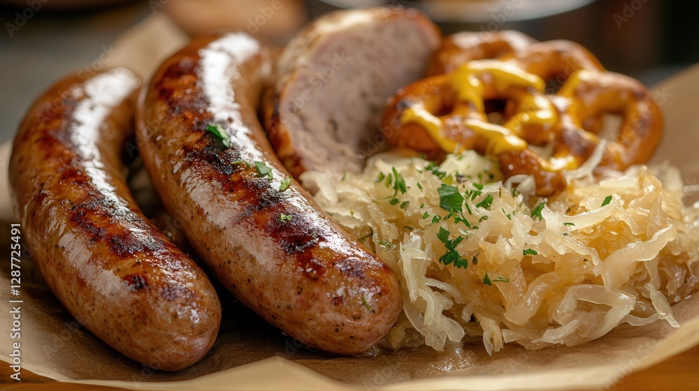 German bratwurst, a grilled sausage served with sauerkraut, mustard, and a side of pretzels. German bratwurst, a grilled sausage served with sauerkraut, mustard, and a side of pretzels.