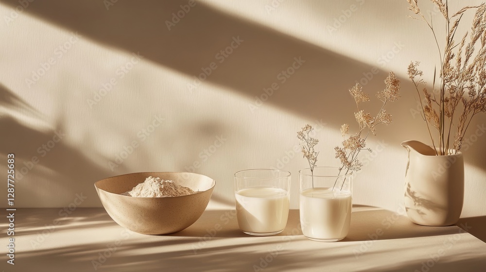 Contemporary food styling, plant-based milk setup, geometric shadow play, glass vessels with dairy alternative, raw ingredients in bowl, matte beige table, minimalist aesthetic Contemporary food styling, plant-based milk setup, geometric shadow play, glass vessels with dairy alternative, raw ingredients in bowl, matte beige table, minimalist aesthetic