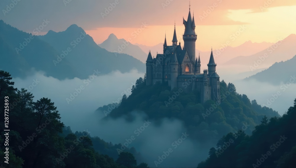 Majestic castle silhouetted against misty sky, mist, gothic Majestic castle silhouetted against misty sky, mist, gothic