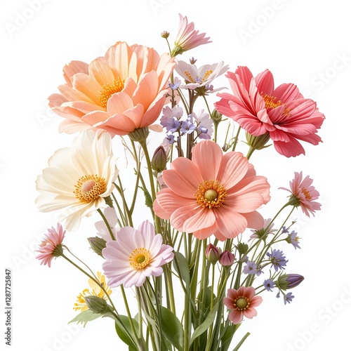 Springtime flowers in bloom, isolated on a white background