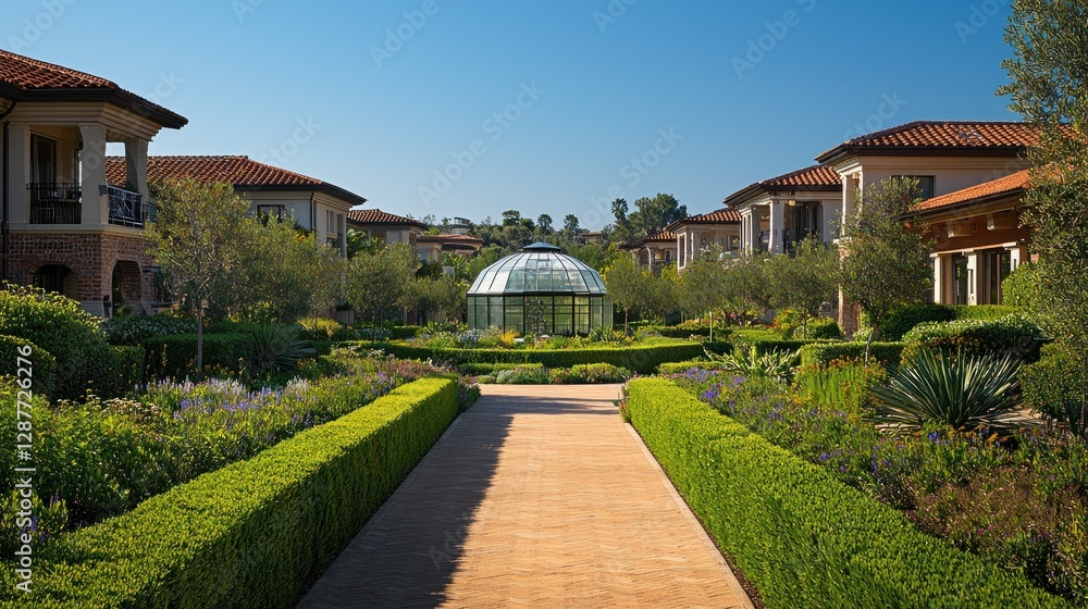Fototapeta premium Greenhouse garden at beautiful resort with blue sky and orange-tiled houses