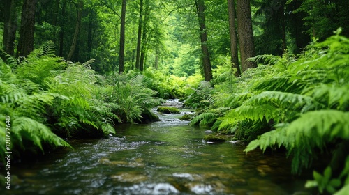 Lush Green Forest with Tranquil Stream Surrounded by Ferns
